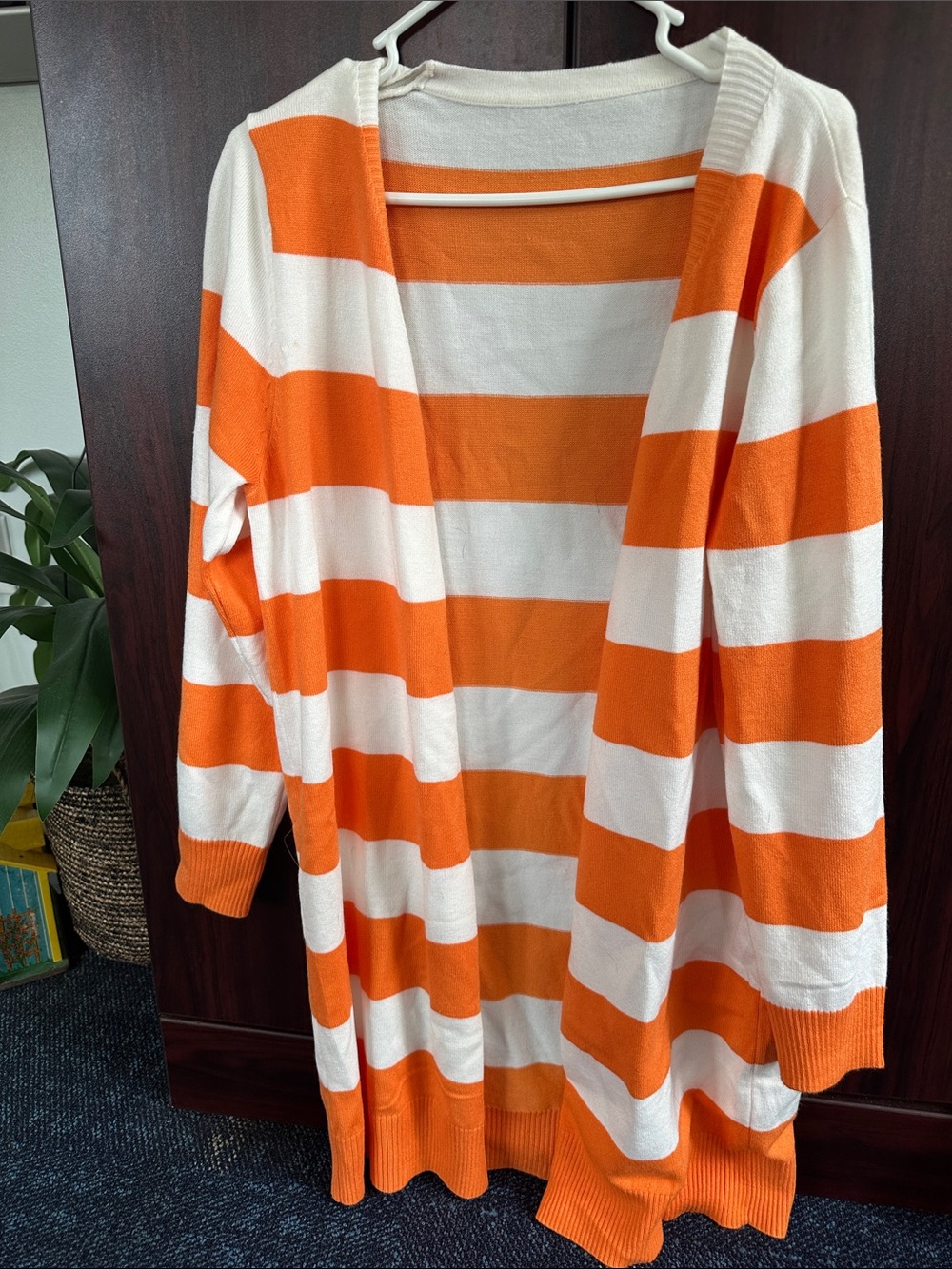 Striped Orange & White Open-Front Cardigan Sweater